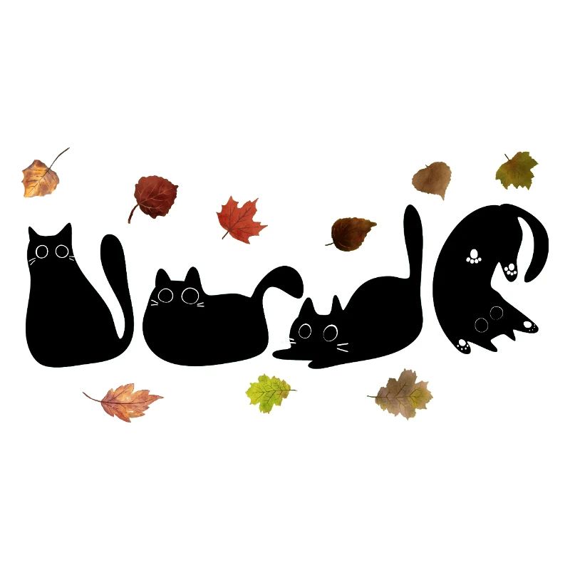Whimsical Cat Line Art with Autumn Leaves