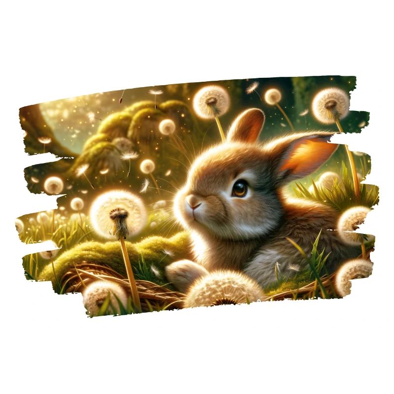 Spring dream with rabbit among dandelions