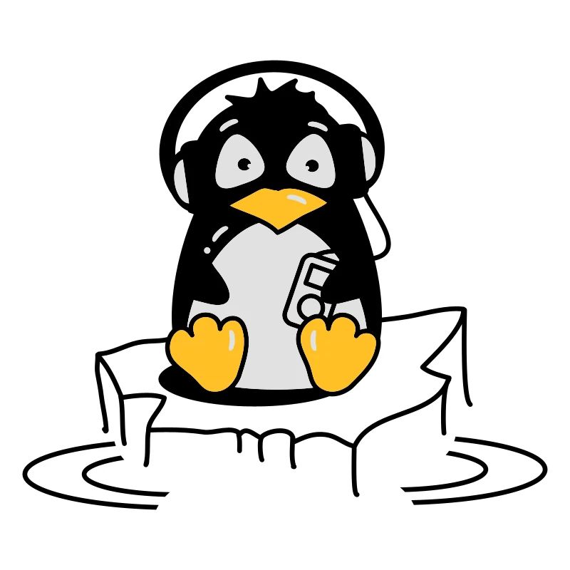 Cooler Pinguin mit Kopfhörern auf Eis