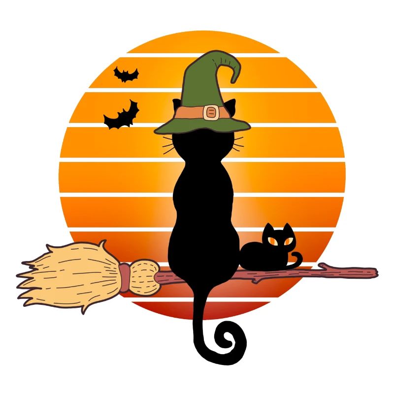 halloween, balai de sorcière, chat noir