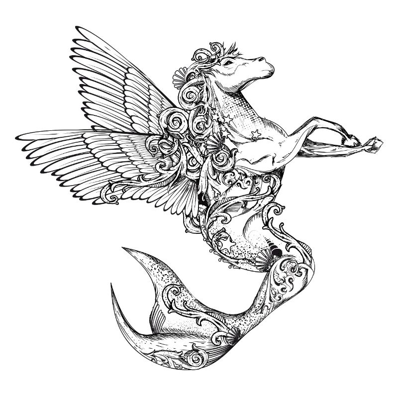 Cheval fantastique avec des ailes et une queue de poisson