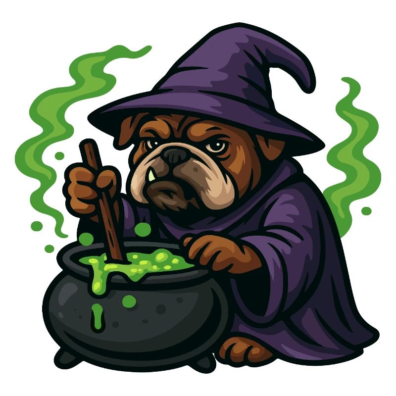 Bulldog Wizard Stirring Green Magic Cauldron