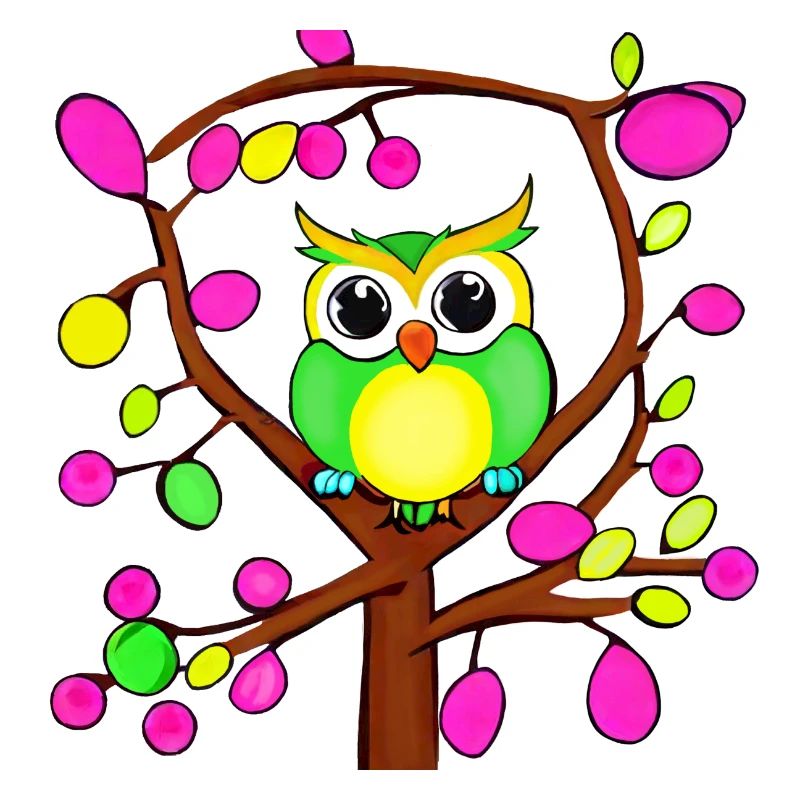 Chouette heureuse dans un arbre multicolore