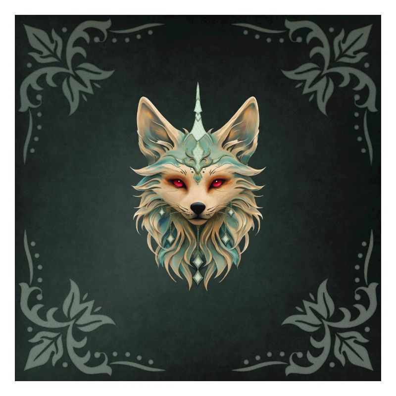 Mystical fox with piercing red eyes.