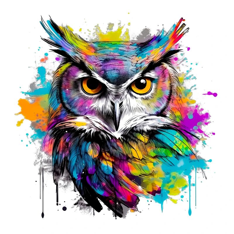 Unsere Eule mit bunten Farbklecksen