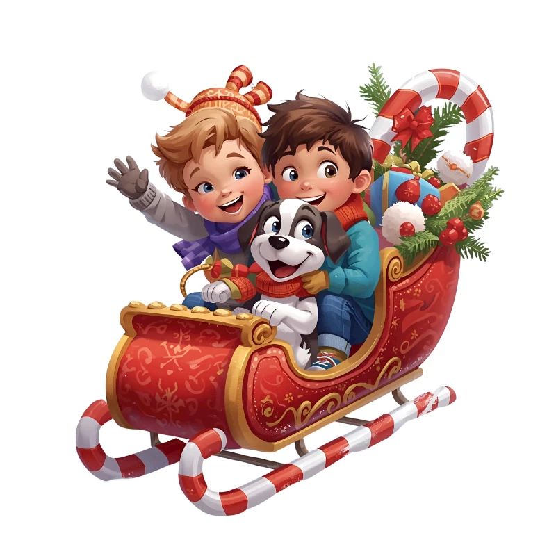 Kinder mit Hund auf Weihnachts-Schlitten