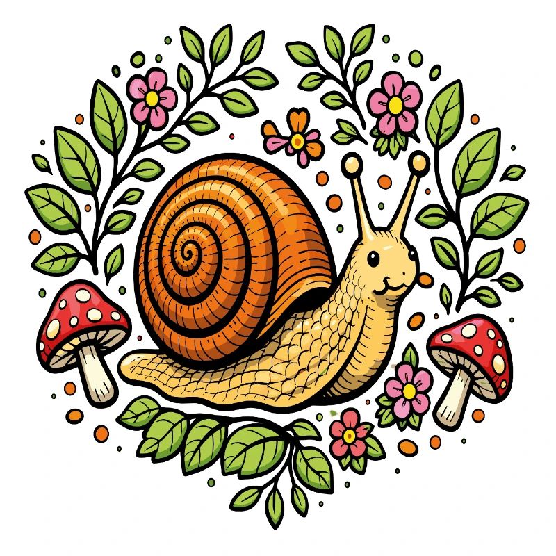 Escargot mignon fleurs et champignons