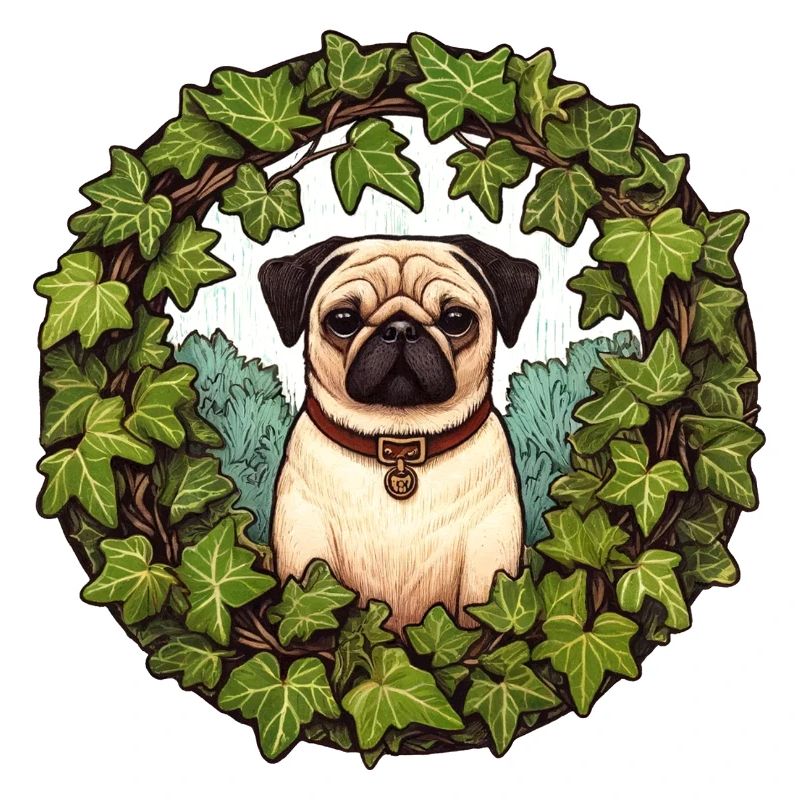 Mops im Efeukranz