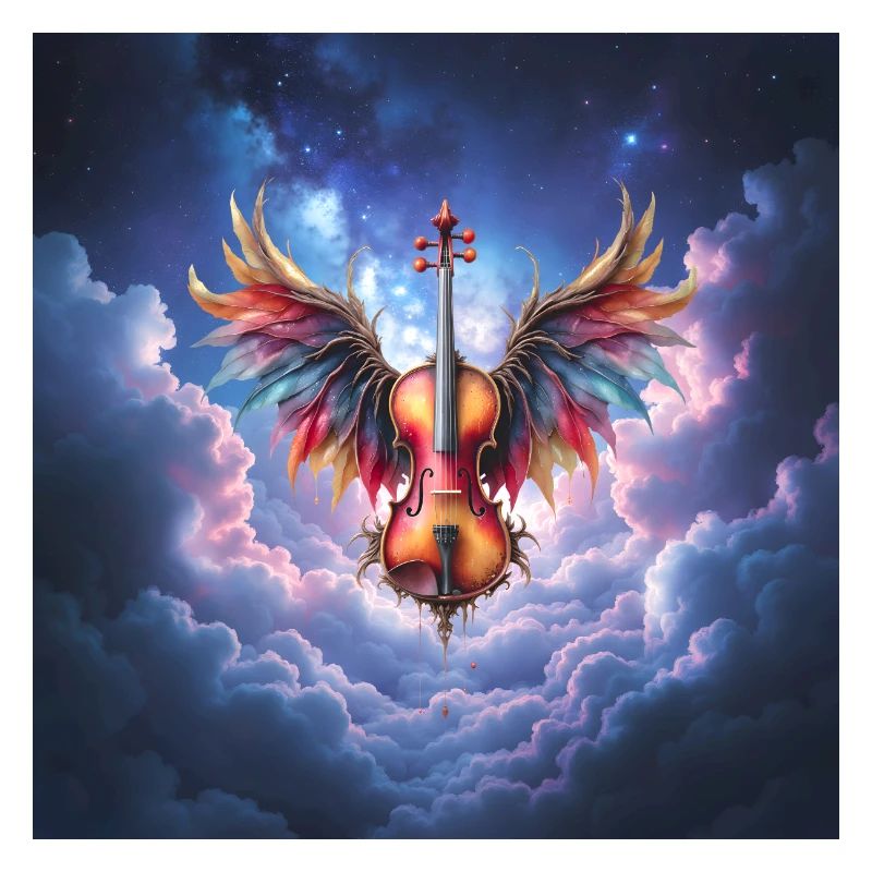 Winged Violin in Rainbow Clouds