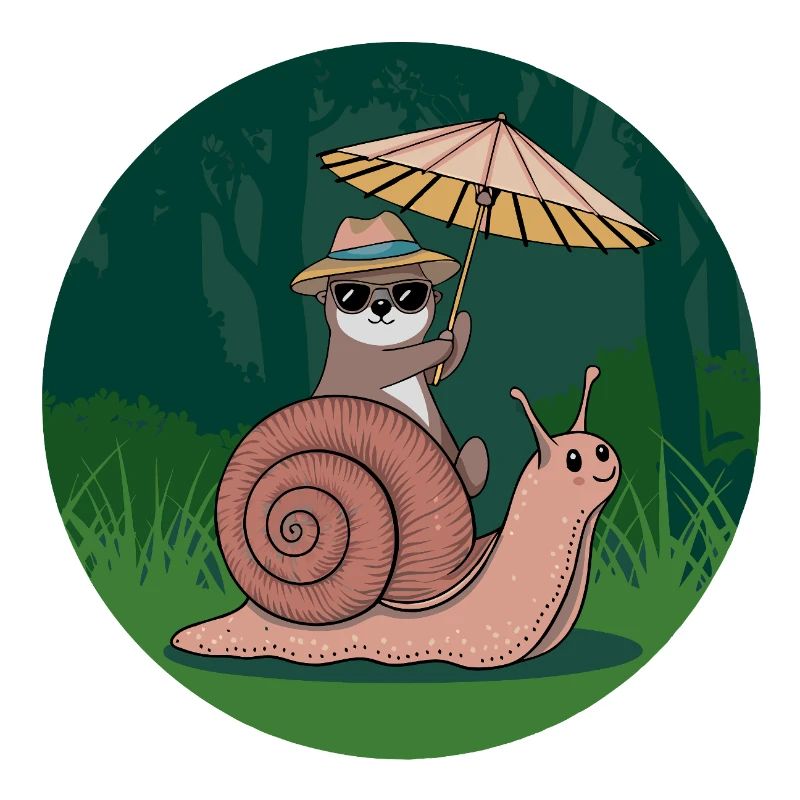 Funny otter with parasol sitting on snail