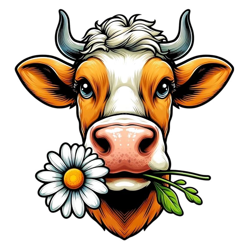 Kuh mit einer Gänseblümchenblume im Maul Blumen