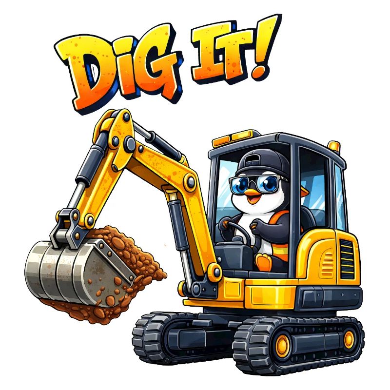 Cute Penguin Cartoon Excavator Driver Construction Equipment Operator