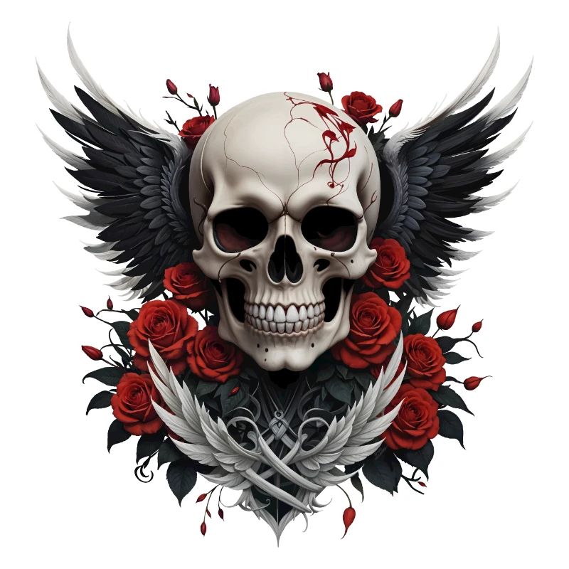 Winged skull & red roses, gothic, skull
