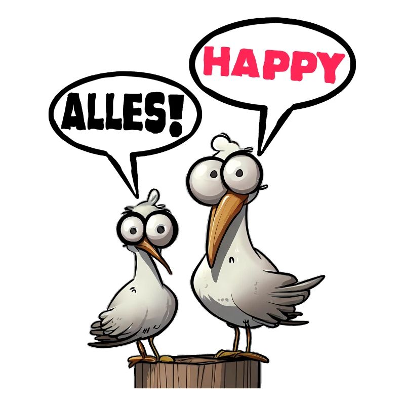 Humorous seagulls with speech bubbles everything happy