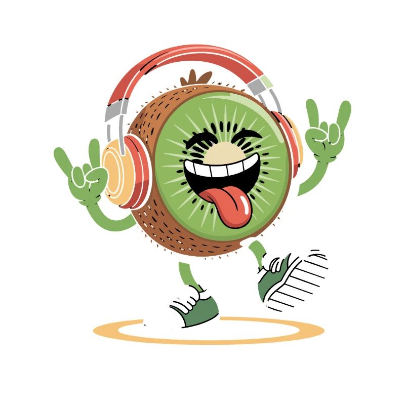 Kiwi joyeux avec des écouteurs dans le groove
