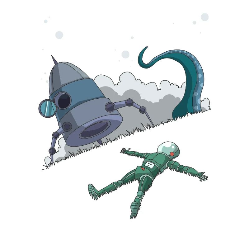 Astronaut Rest Ship Crash Tentacule Art de science-fiction drôle
