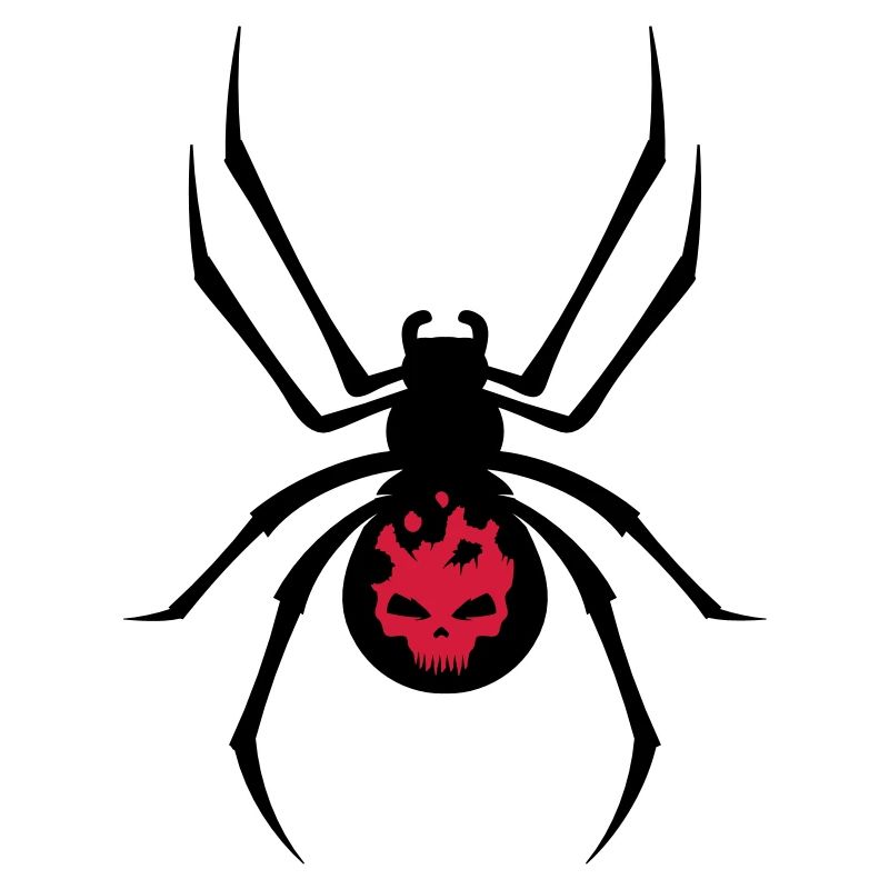 A black spider with red skull