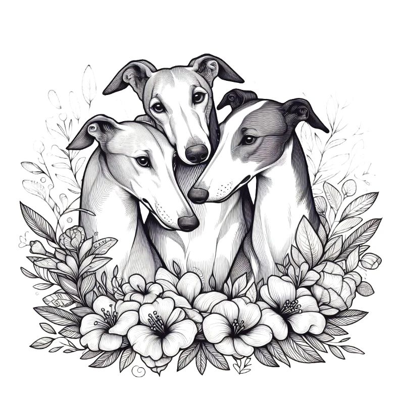 Trois lévriers dans un cercle de fleurs