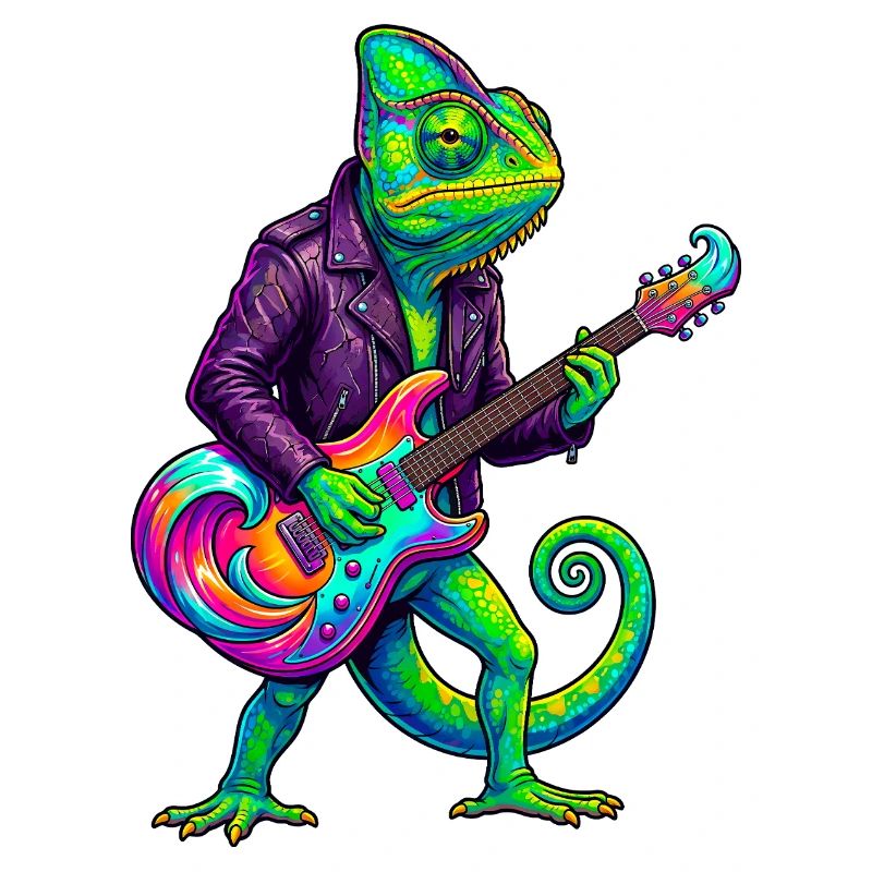 Chamäleon in Lederjacke und Neon E-Gitarre