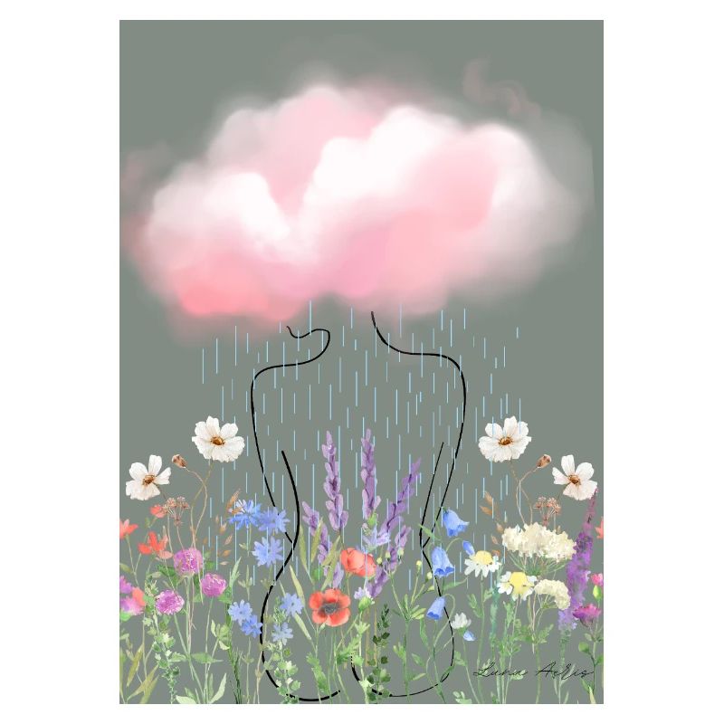 Floral Rain Silhouette Under Pink Cloud