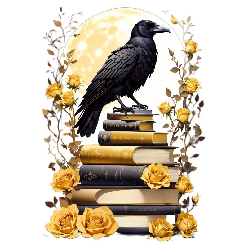 Stack of books with raven