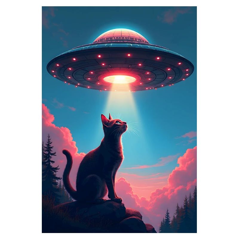 Chat de l’espace avec faisceau lumineux OVNI