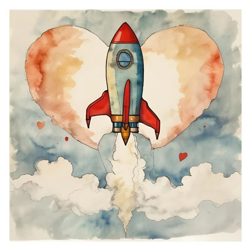 Raketen Start vor rotem Mond in Herzform