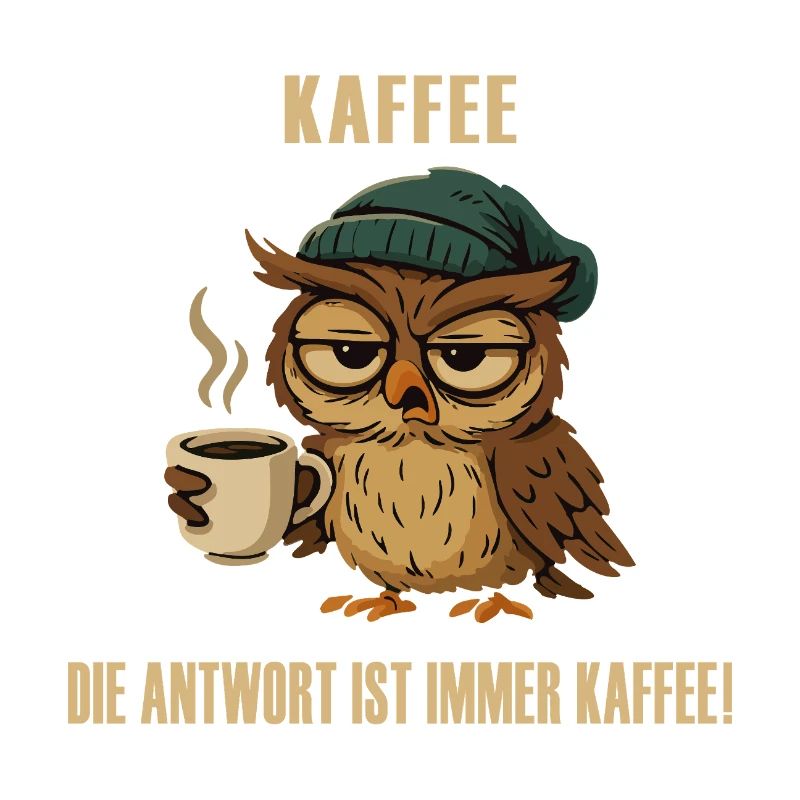 Müde Eule mit Kaffee – lustiger Spruch.