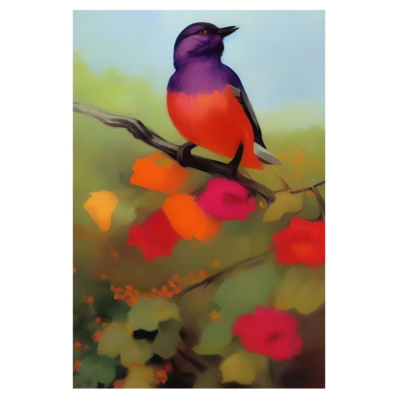 Oiseau sur branche avec des fleurs colorées