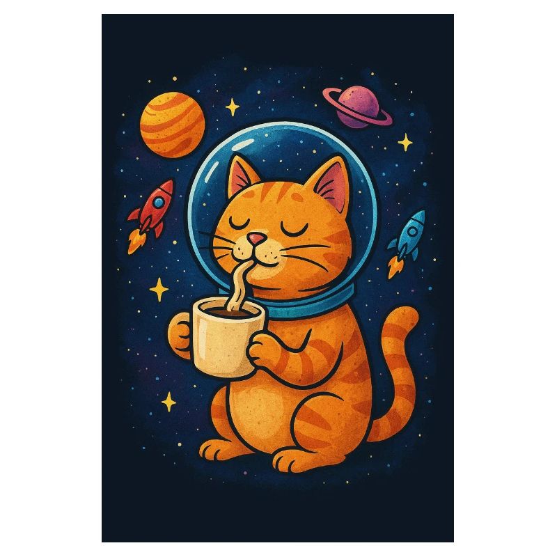 Chat en combinaison spatiale buvant du café