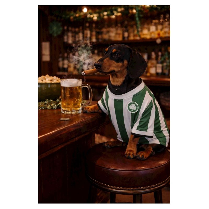 Teckel en maillot de pub avec trèfle