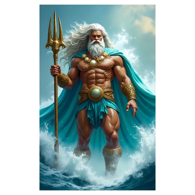 Poseidon, powerful sea god with trident, waves