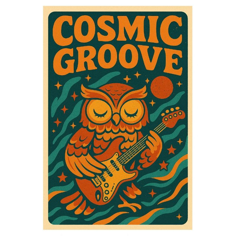 Psychedelic retro design with owl and guitar