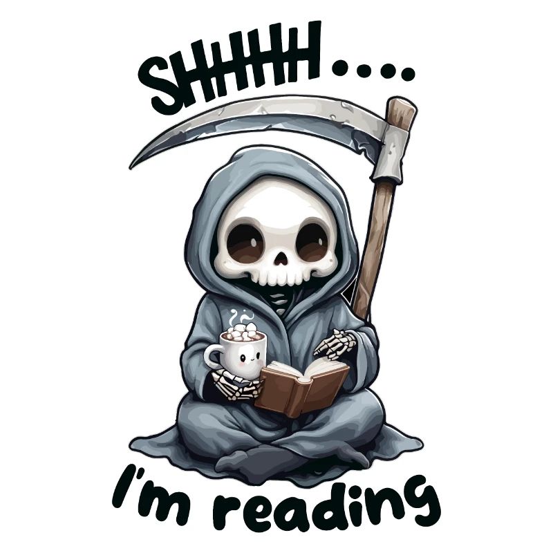 Sensenmann liest ein Buch mit Kaffee