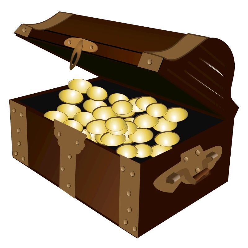 Braune Schatztruhe mit Gold gefüllt. Geschenkidee.