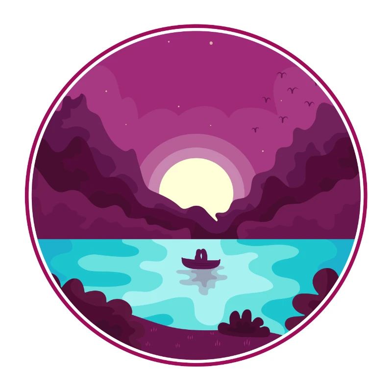Bateau avec deux sur le lac au coucher du soleil