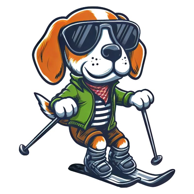 Mignon beagle à skis - Vacances d’hiver dans le