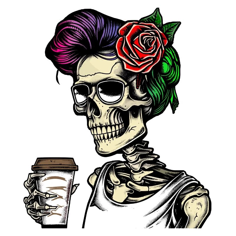 Frau Skelett mit Kaffe