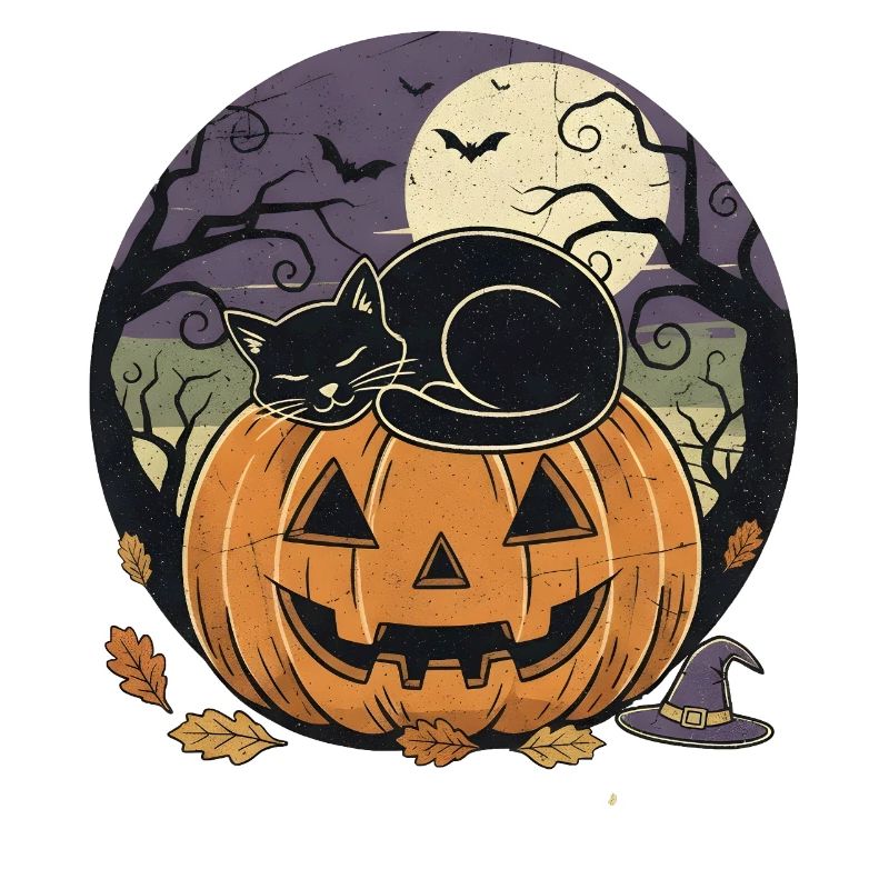 Chat noir dormant sur une lanterne jack-o | Halloween