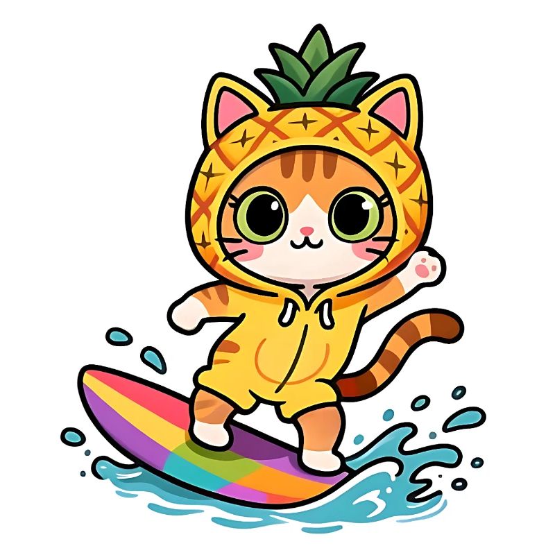 Chat surfeur en costume ananas