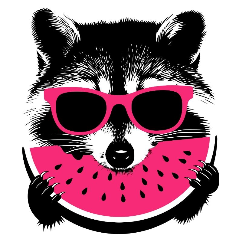 Waschbär mit pinker Sonnenbrille isst melone