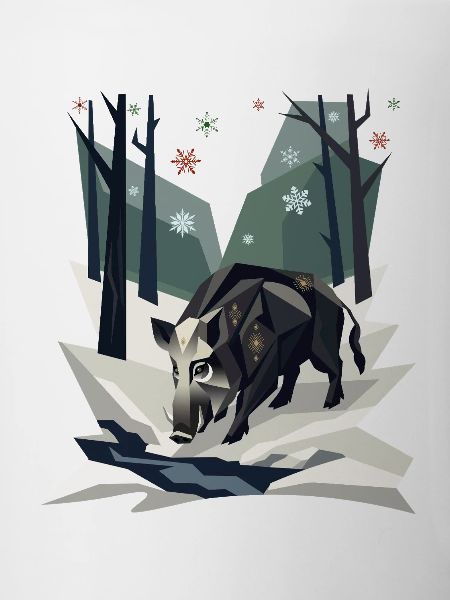 Wildschwein im Low-Poly-Winterwald