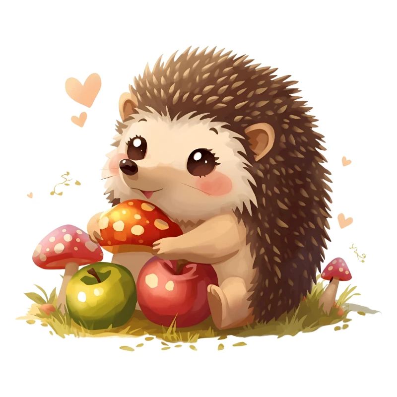 Süßer Igel mit Pilzen und Äpfel
