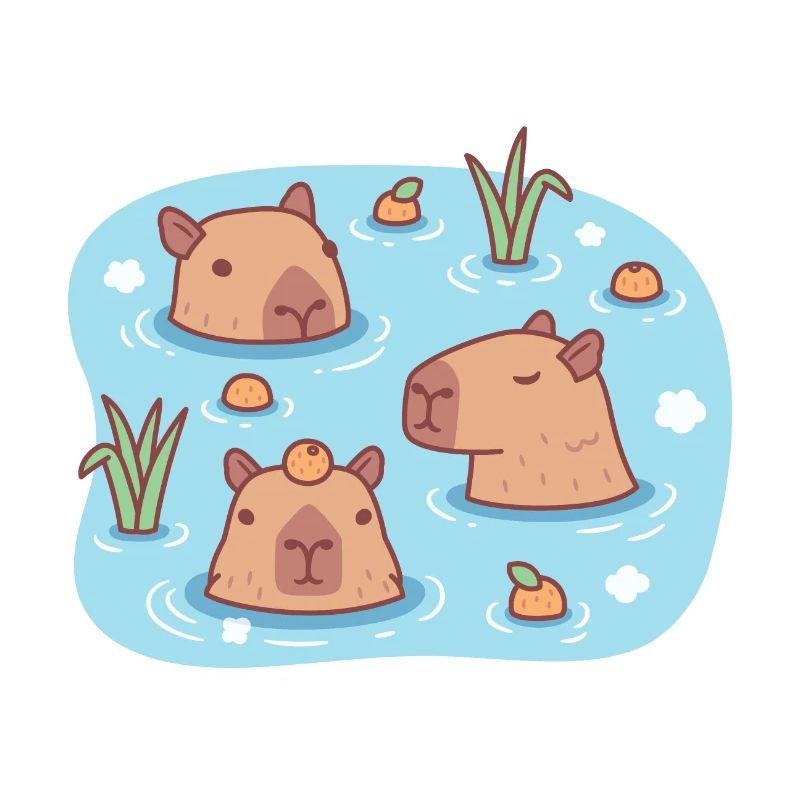 Mignon Capybaras chilling in hot spring with oranges