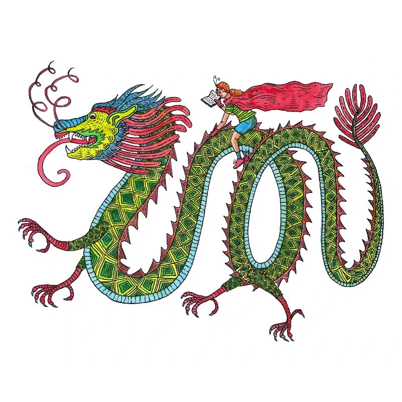 Drache mit lesendem Reiter