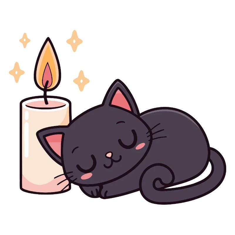Sleeping black cat and bright candle