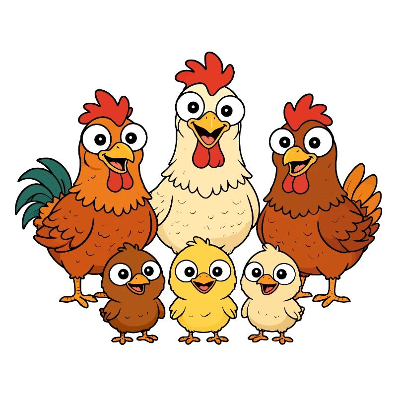 Chickens, roosters and chicks