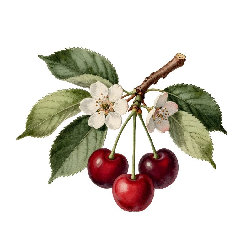 Cherry and botanical flower engraving