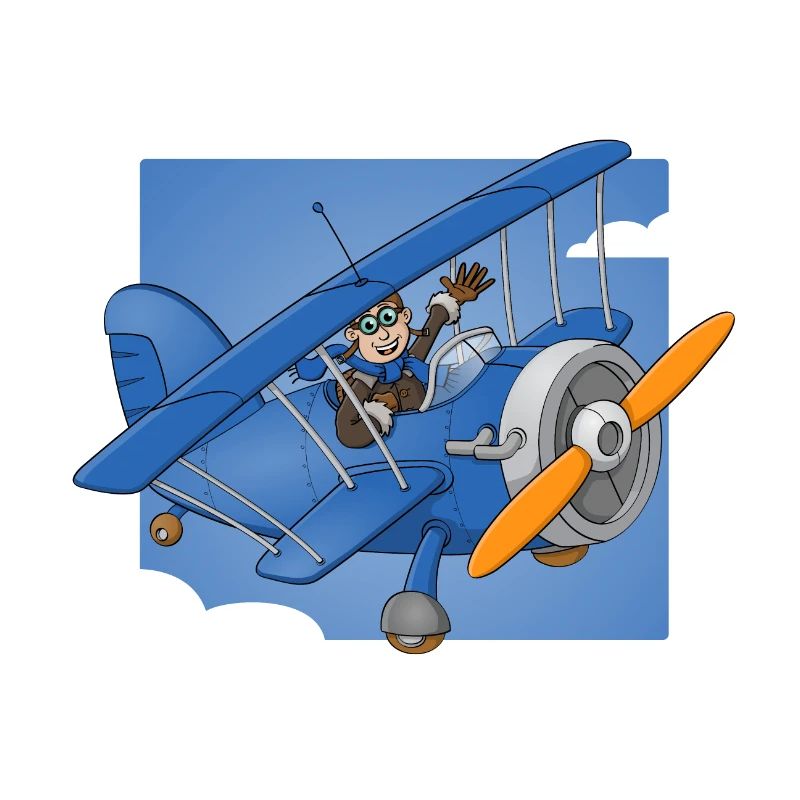 Fröhlicher Pilot in einem blauen Flugzeug.