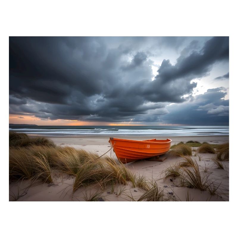 Orange Boat on Stormy Seaside